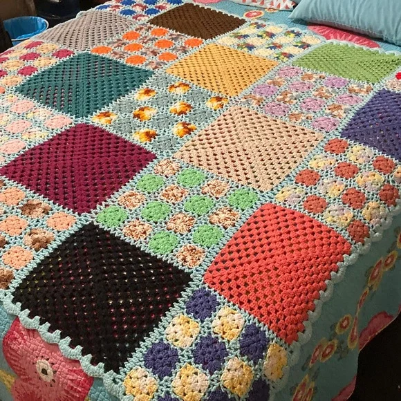 Handmade Colorful Patchwork Crochet Quilt - Picture 1 of 8